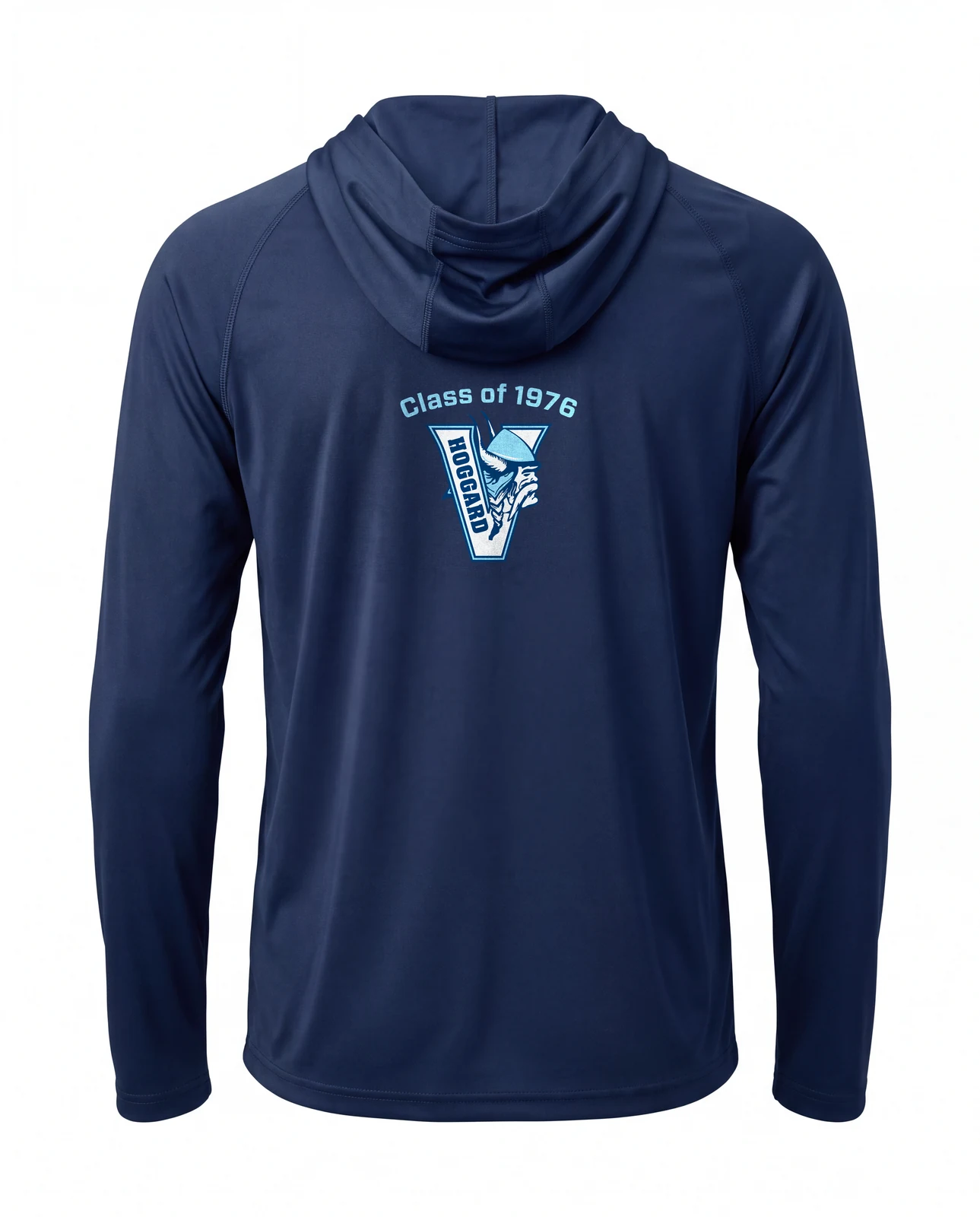 Navy blue long-sleeve hoodie shirt with the Hoggard Class of 1976 Viking crest printed on the back